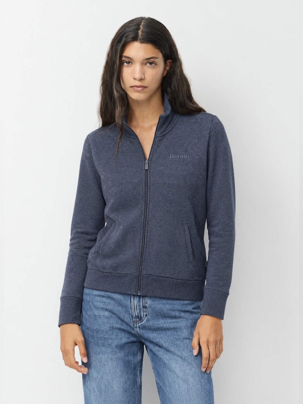 Bench Full-Zip Fleece Jacket Sweater Navy Blue High Neck Size S NWOT